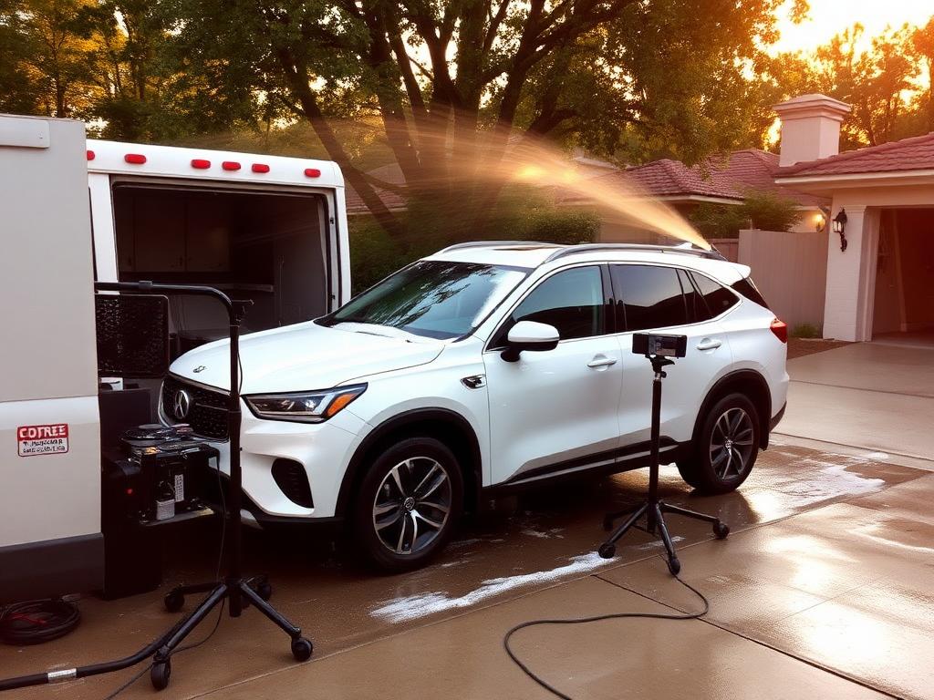 PeakShine mobile detailing setup working on an SUV in a driveway