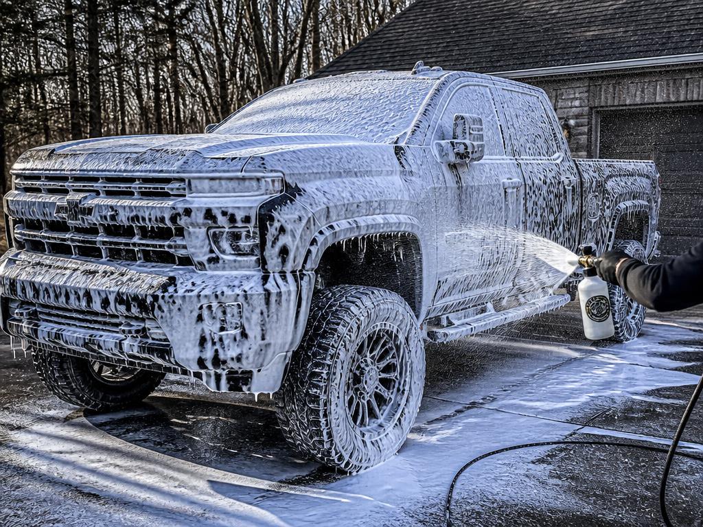 Truck covered in thick snow foam during a wash