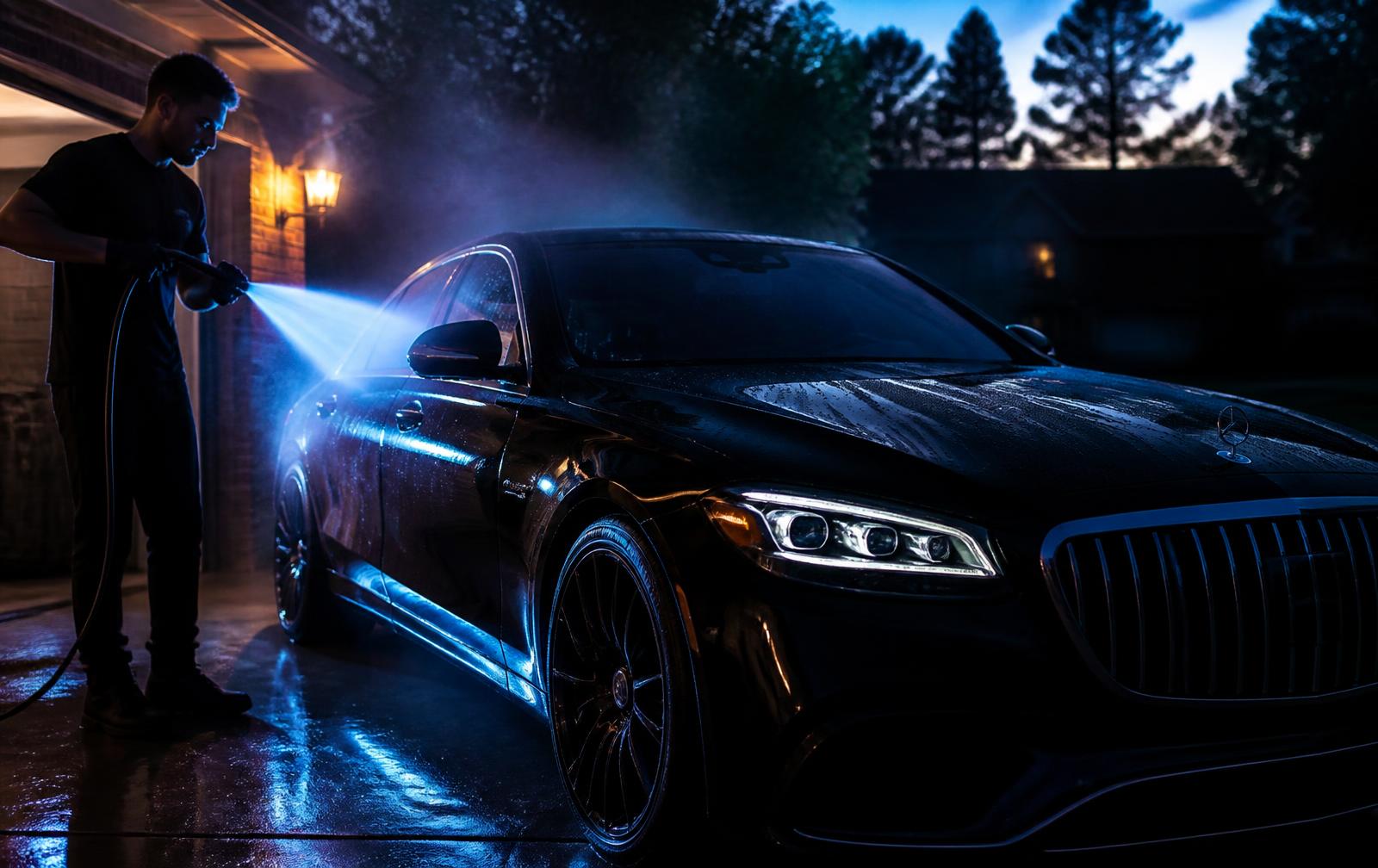 Detailer rinsing a glossy black sedan in a driveway at dusk